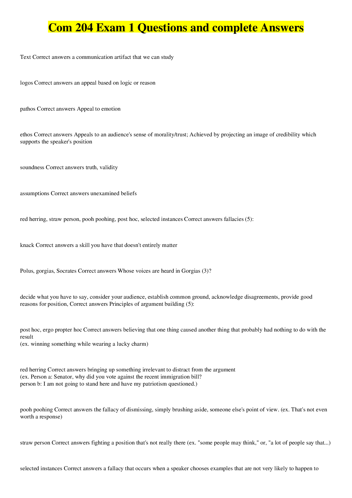 Preview image for Com 204 Exam 1 Questions and complete Answers